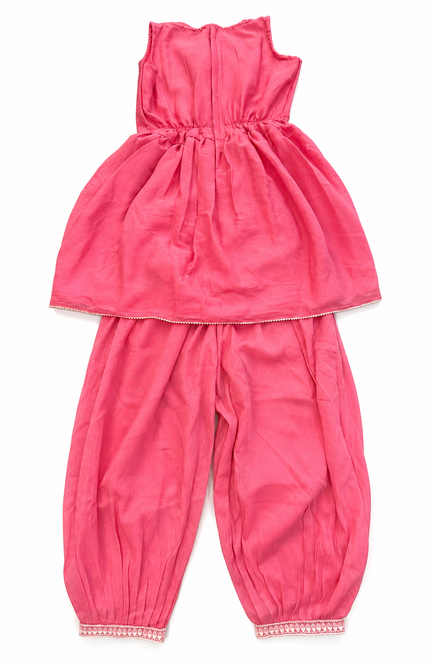 Pink Embroidered Kids Ethnic Kurta Set with Dupatta