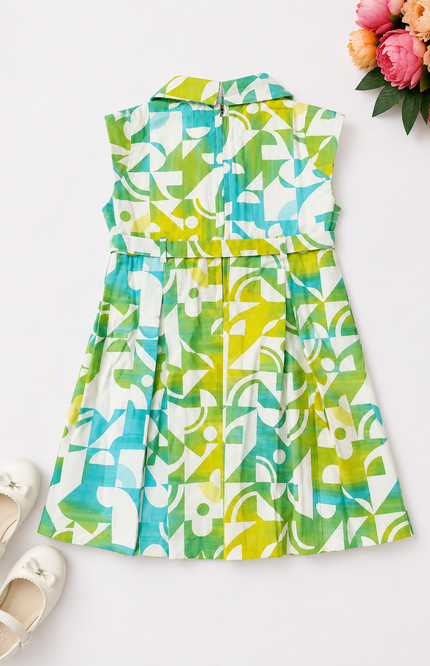 Geometric Print Sleeveless Shirt Dress with Belt