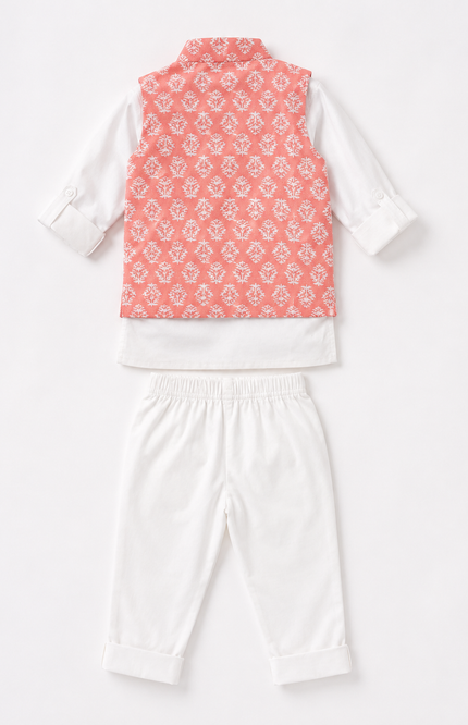 Ethnic Printed Jacket Set with White Kurta & Pants