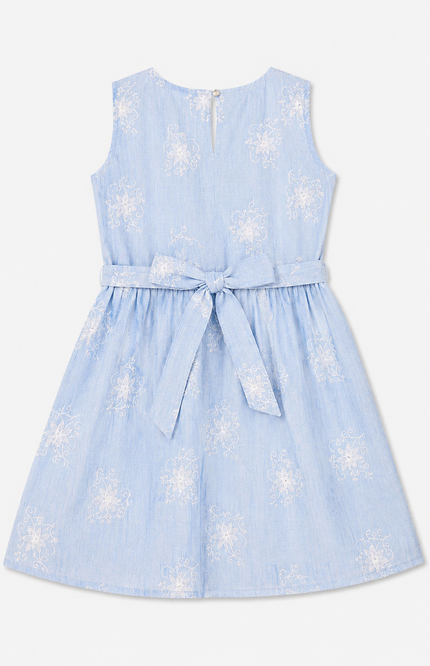 Girls Floral Embroidered Sleeveless A-Line Dress with Waist Belt