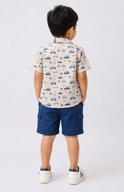 Car Print Shirt & Cargo Shorts Set with Graphic Sleeveless Tee