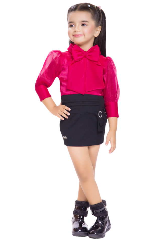 Girls' Magenta Silk-Finish Blouse with Oversized Bow and Black Mini Skirt