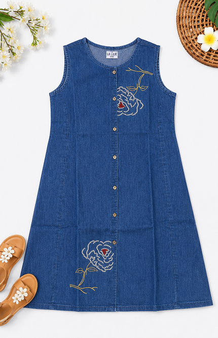 Blue Denim Embroidered Sleeveless Kurti