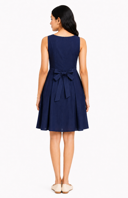 Navy Blue Sleeveless Waist-Tie A-Line Dress