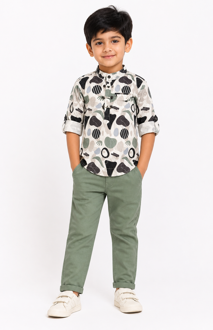 Boys Abstract Print Shirt with Sage Green Pants Co-ord Set