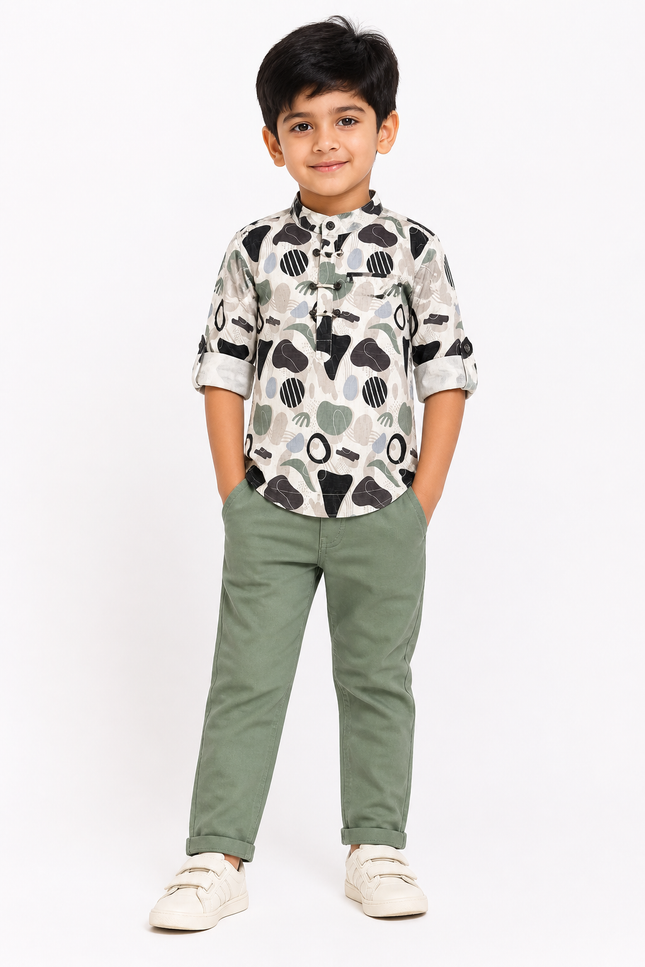 Boys Abstract Print Shirt with Sage Green Pants Co-ord Set