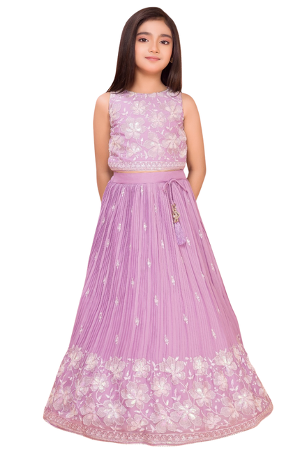 Girls' Lavender Crepe Satin Embroidered Ghagra Choli Set with Pleated Detail