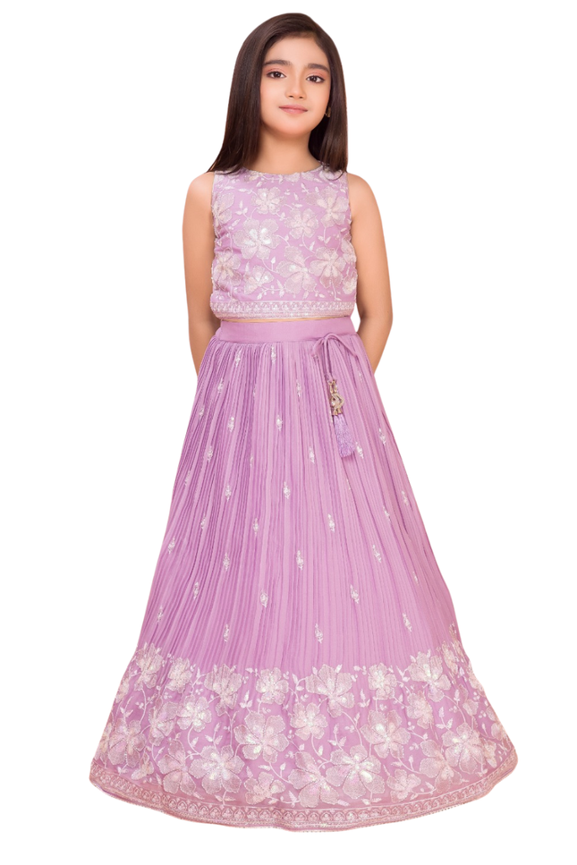 Girls' Lavender Crepe Satin Embroidered Ghagra Choli Set with Pleated Detail