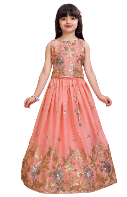 Girls' Peach Sequin Lehenga Choli | Embroidered Floral Ethnic Set