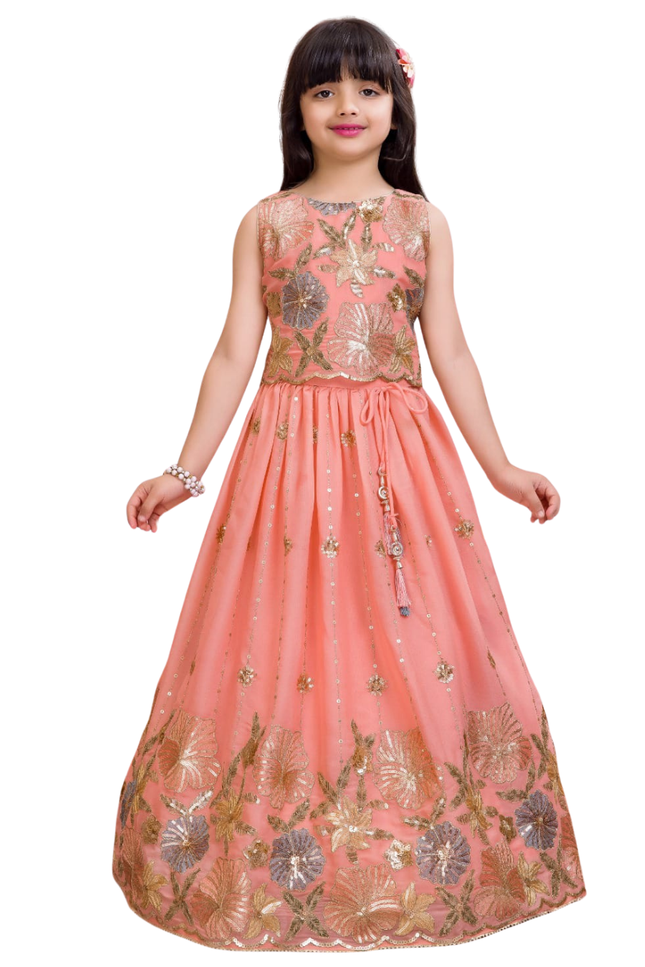 Girls' Peach Sequin Lehenga Choli | Embroidered Floral Ethnic Set