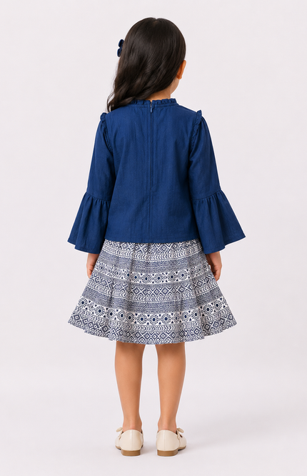 Navy Blue Top & Printed Flared Skirt Set for Girls