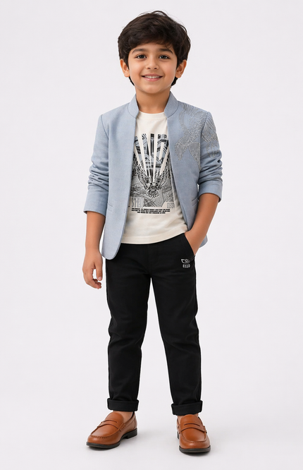 Boys' Ice Blue Mandarin Collar Blazer with Sequin Eagle and Black Chinos Set