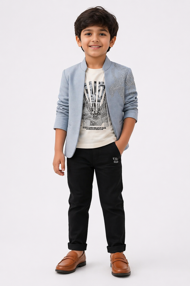 Boys' Ice Blue Mandarin Collar Blazer with Sequin Eagle and Black Chinos Set
