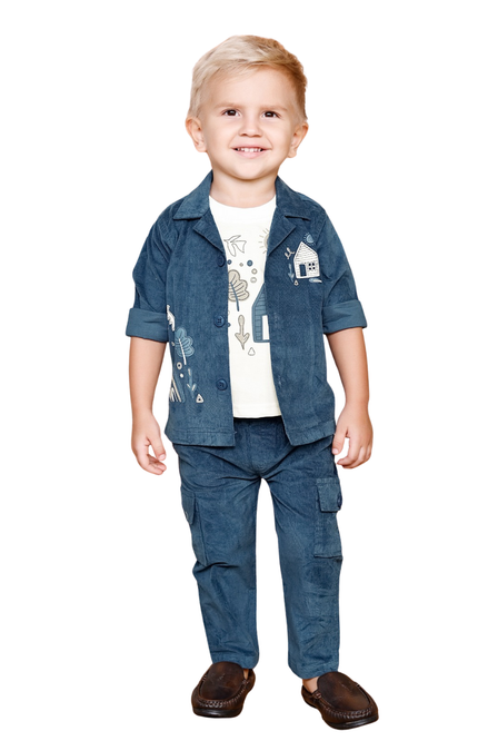 Boys' 3-Piece Blue Corduroy Jacket, Cargo Pants, and Graphic Tee Set