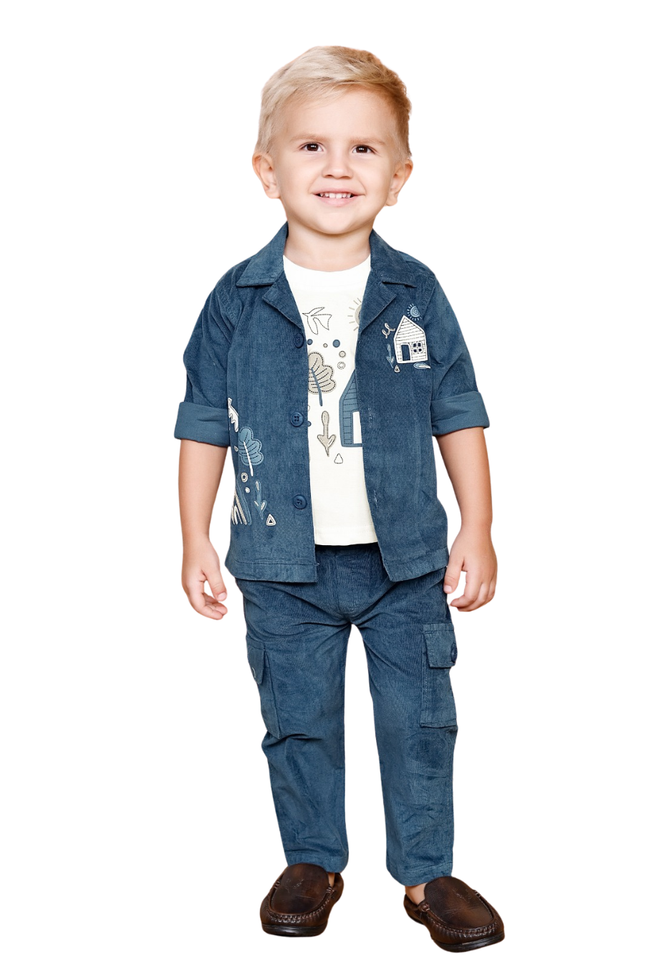 Boys' 3-Piece Blue Corduroy Jacket, Cargo Pants, and Graphic Tee Set