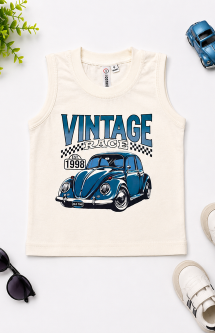 Car Print Shirt & Cargo Shorts Set with Graphic Sleeveless Tee