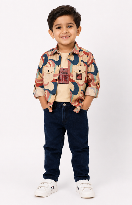 Retro Print Shirt & Denim Jeans Kids Co-Ord Set