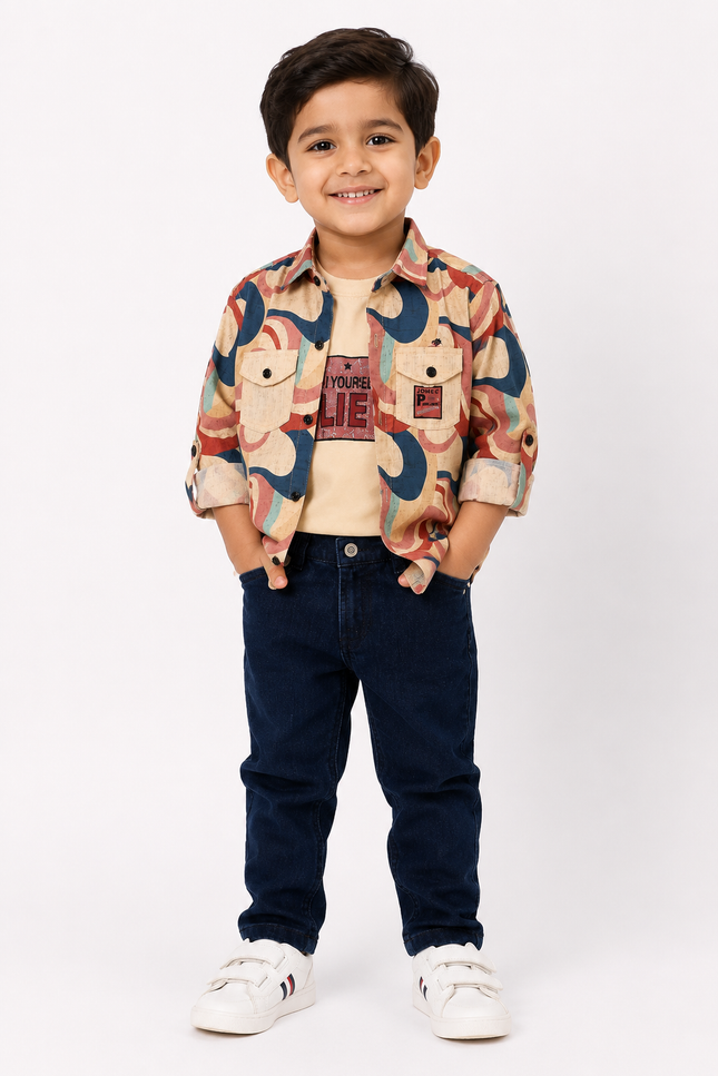 Retro Print Shirt & Denim Jeans Kids Co-Ord Set