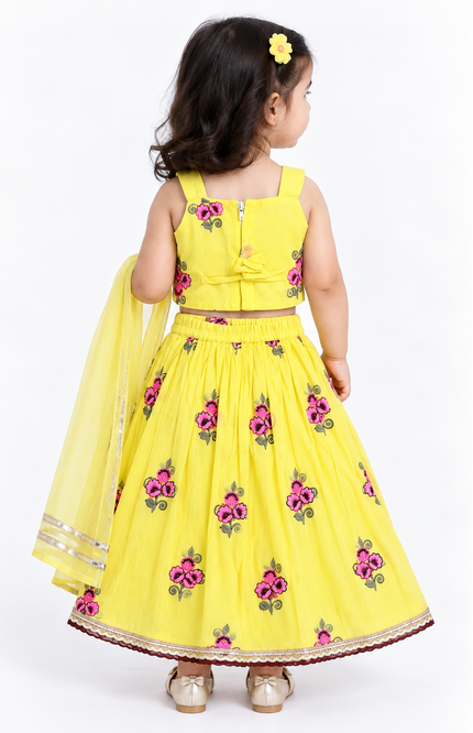 Girls Yellow Floral Lehenga Choli Set with Dupatta