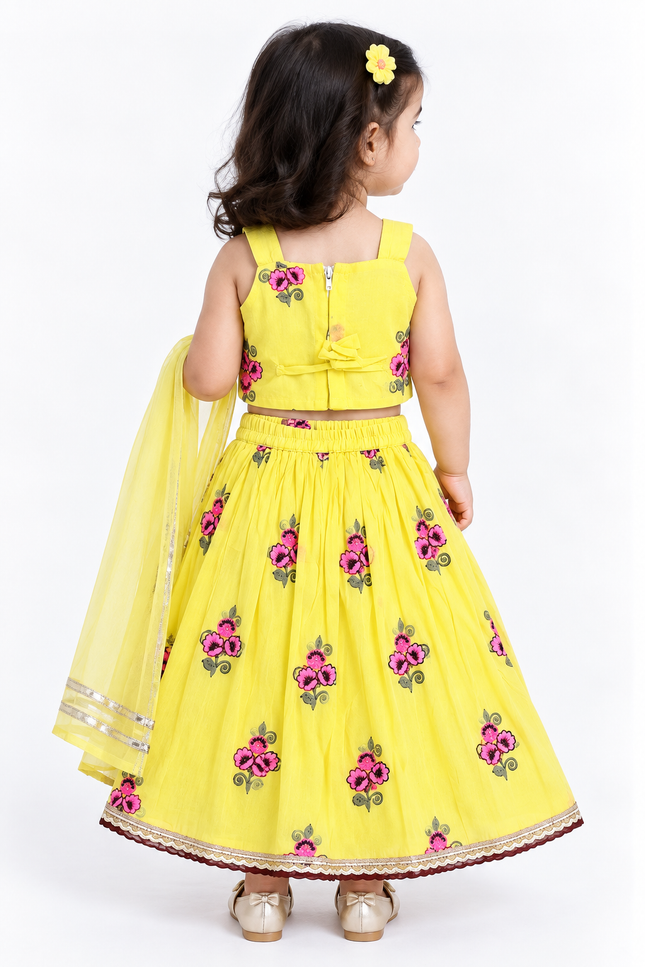 Girls Yellow Floral Lehenga Choli Set with Dupatta