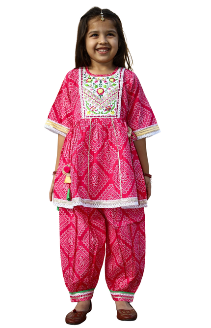 Girls' 100% Cotton Pink Bandhani Print Salwar Suit with Tassels