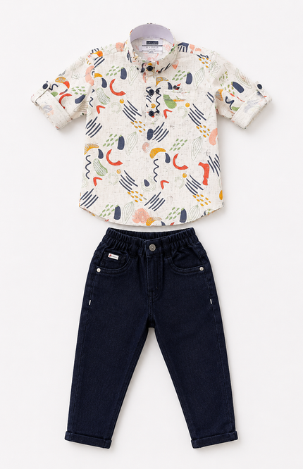 Abstract Printed Shirt with Dark Denim Pants Set