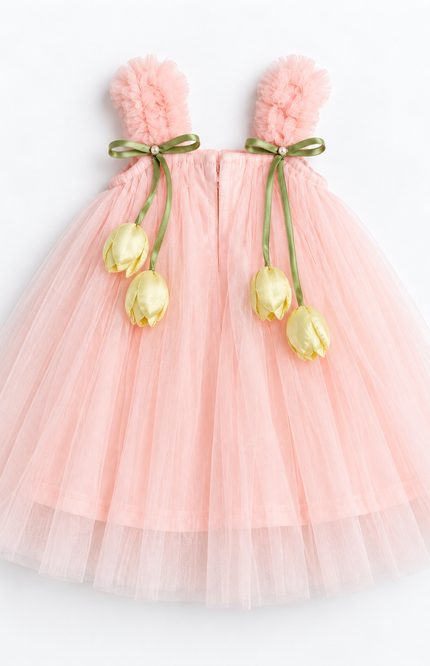 Girls Peach Tulle Party Frock with Floral Bow & Tulip