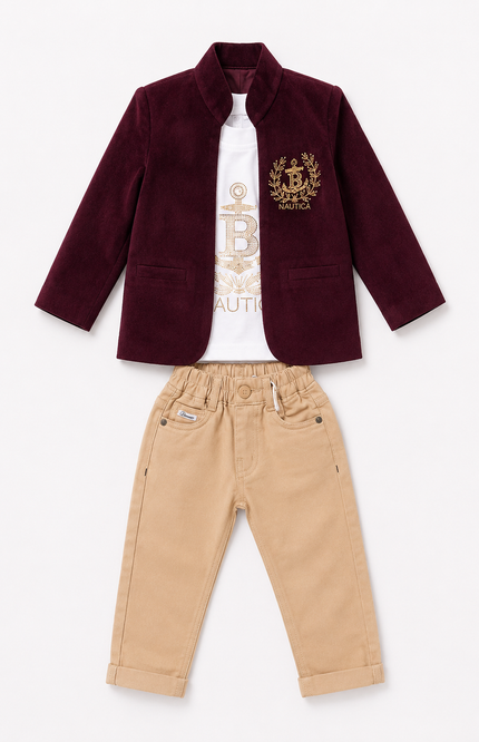 Boys Premium Velvet Blazer Set with Graphic Tee & Beige Pants