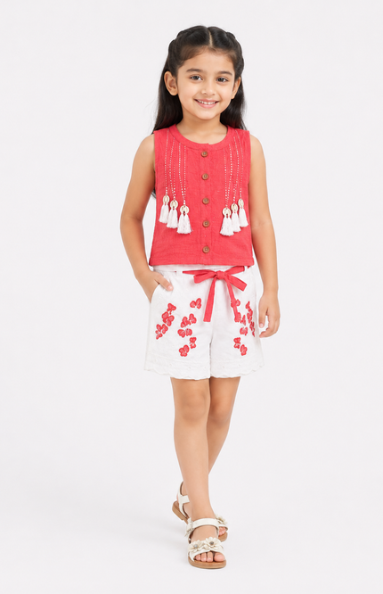 Coral Tassel Top & White Shorts Co-ord Set