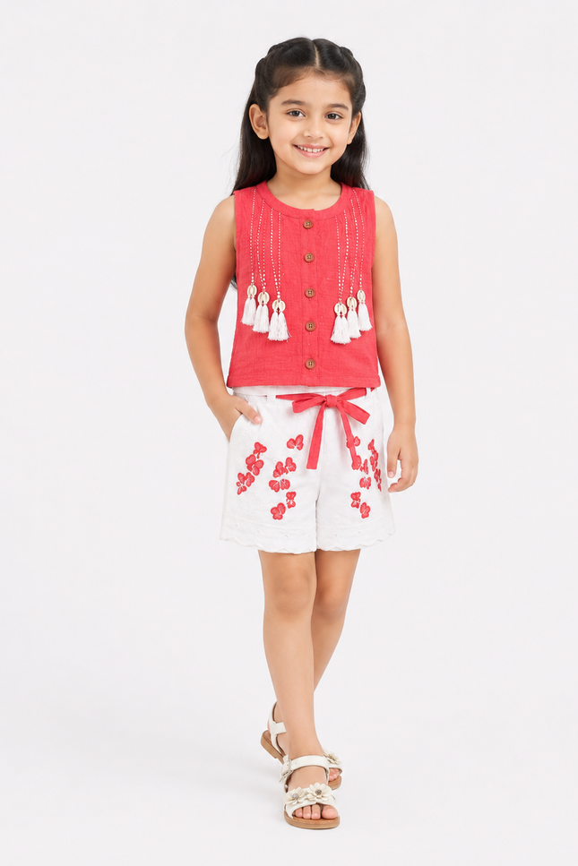 Coral Tassel Top & White Shorts Co-ord Set