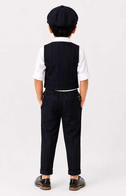 Formal Pinstripe Waistcoat Set with Shirt, Bow Tie & Cap