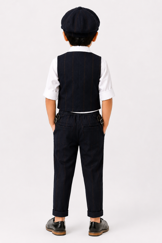 Formal Pinstripe Waistcoat Set with Shirt, Bow Tie & Cap