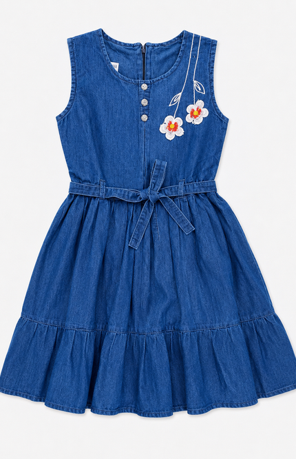 Girls’ Blue Denim Tiered Dress with Floral Embroidery