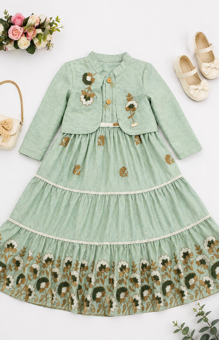 Mint Green Embroidered Tiered Kids Dress with Jacket