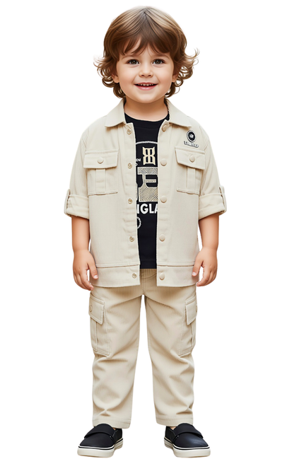 Kids' 3-Piece Sand Utility Co-ord – Textured Button-Down Jacket, Black Graphic Tee, and Multi-Pocket Cargo Pants
