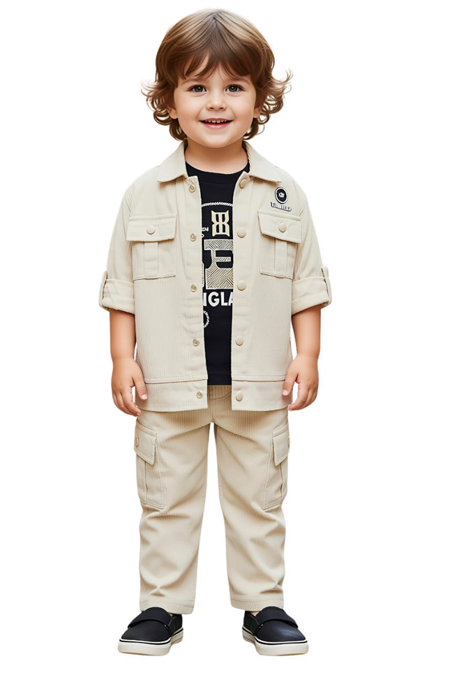Kids' 3-Piece Sand Utility Co-ord – Textured Button-Down Jacket, Black Graphic Tee, and Multi-Pocket Cargo Pants
