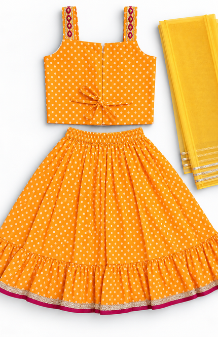 Girls Yellow Polka Dot Printed Lehenga Choli Set with Dupatta