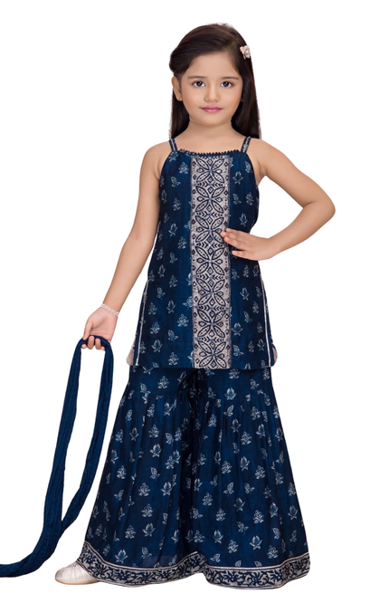Kids' 3-Piece Navy Ethnic Suit – Sleeveless Geometric Print Kurti and Flared Sharara Pants