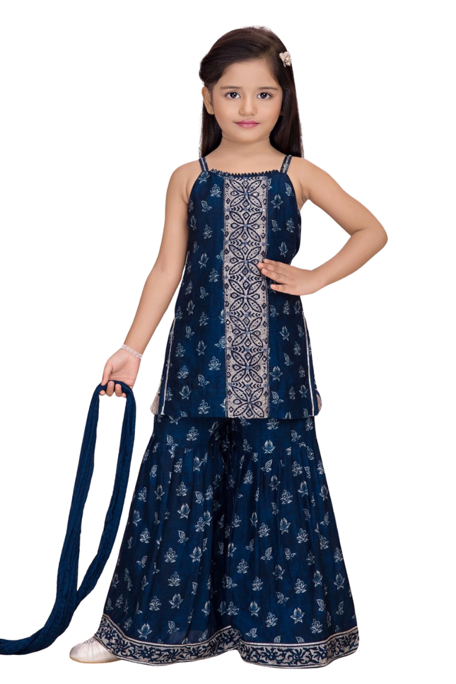 Kids' 3-Piece Navy Ethnic Suit – Sleeveless Geometric Print Kurti and Flared Sharara Pants
