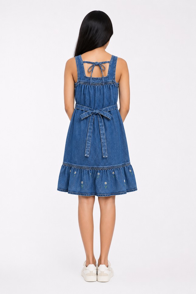 Girls' Blue Denim Dress with Waist Belt & Ruffle Hem