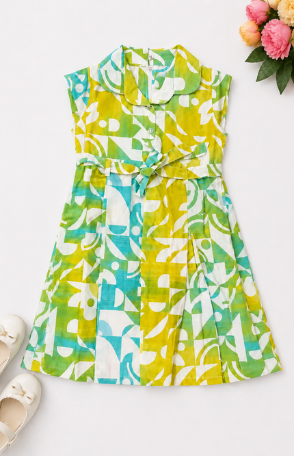 Geometric Print Sleeveless Shirt Dress with Belt