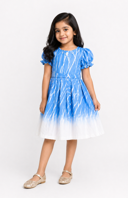 Sky Blue Ombre Kids Dress with Puff Sleeves