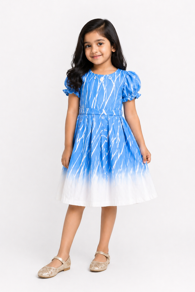 Sky Blue Ombre Kids Dress with Puff Sleeves