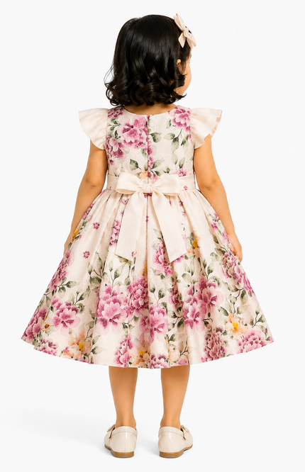 Girls Floral Print Party Dress with Bow
