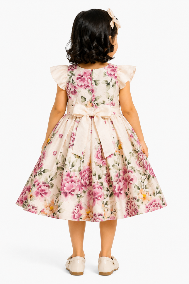 Girls Floral Print Party Dress with Bow