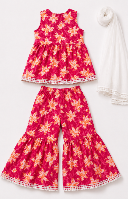 Pink Floral Sharara Set with Dupatta for Girls