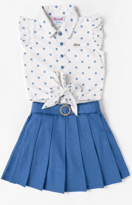 White Polka Dot Tie-Up Top with Blue Pleated Skirt Set