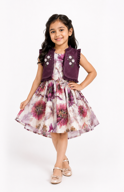 Wine Floral Party Dress with Embroidered Jacket