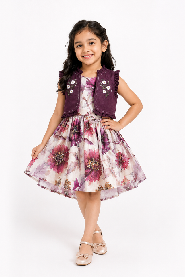 Wine Floral Party Dress with Embroidered Jacket
