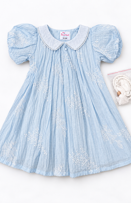 Girls’ Sky Blue Embroidered Dress with Tassel Waist Belt